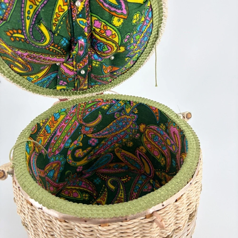 Vintage 1960s Sewing Woven Basket Green Pink  Paisley Fabric Handle Tray Japan